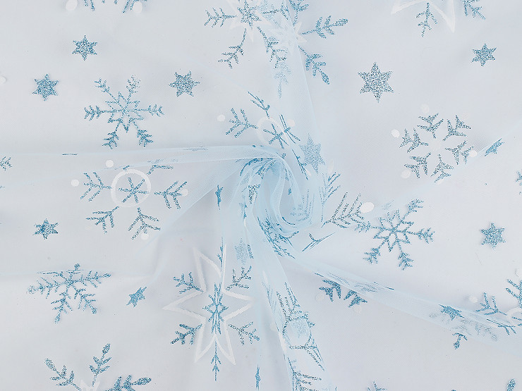 Tulle de Noël pour habillement et décoration, Flocons de neige, avec paillettes