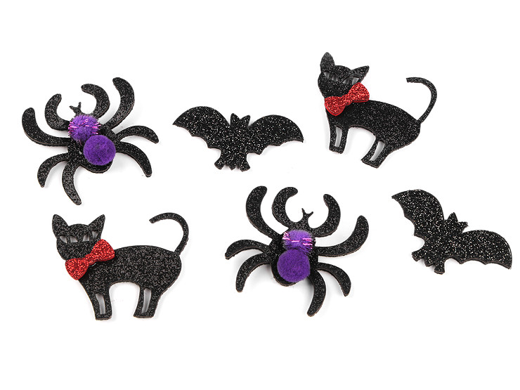 Gato, murciélago y araña de fieltro con purpurina, Halloween