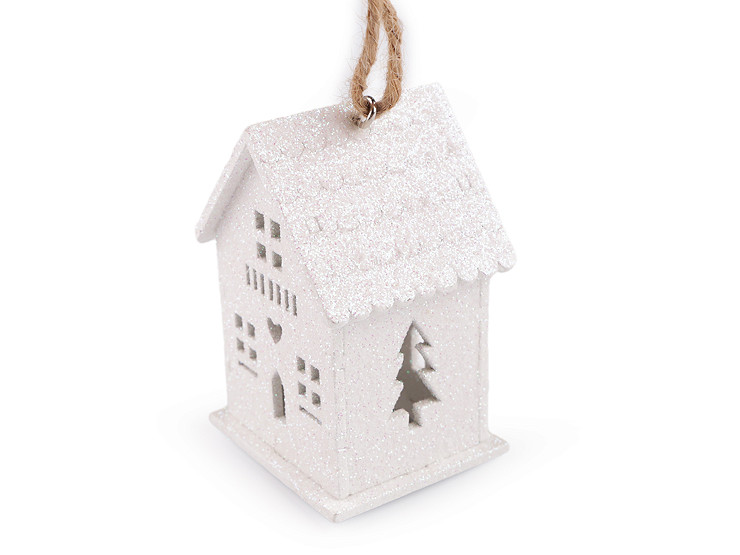 Light up wooden house to hang with glitter