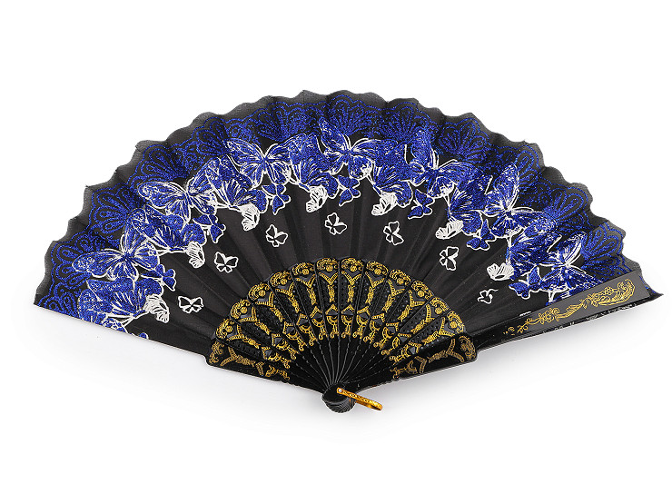 Abanico de tela, mariposas con purpurina