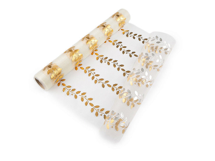 Organza natalizia, con stampa, motivo: agrifoglio, larghezza: 36 cm