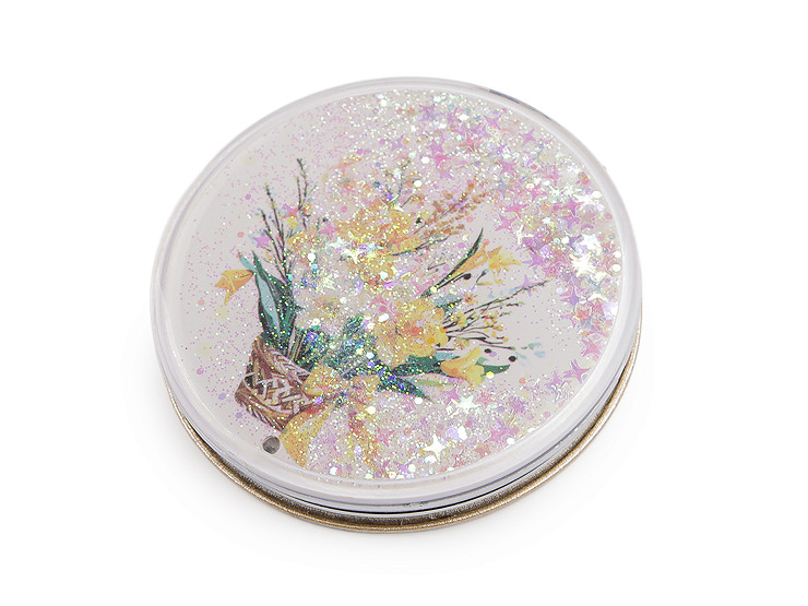 Kosmetické zrcátko s tekutými glitry květy